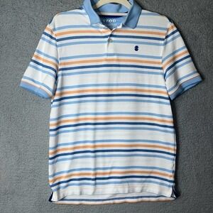 Izod Polo Mens Small White Blue Striped‎ Advantage Performance Shirt Golf Casual